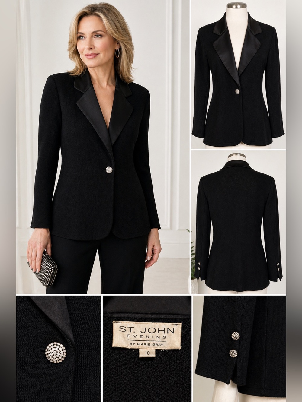 St.John Wool Knit Black Blazer~Silk Collar~Rhinestone Buttons Tailored Sz 10
